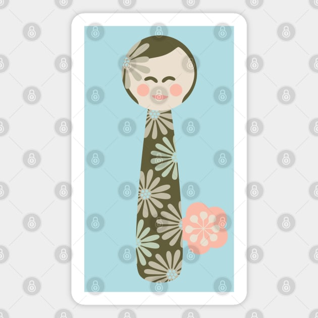 JAPANESE KOKESHI DOLL Flowers Light Pastel Green Beige - UnBlink Studio by Jackie Tahara Magnet by UnBlink Studio by Jackie Tahara